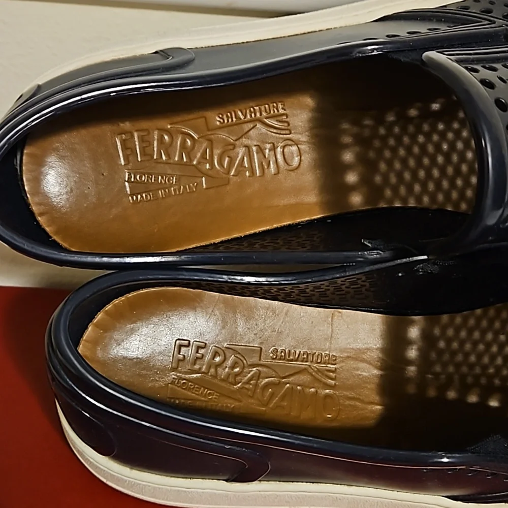 Salvatore Ferragamo 'Perforated Fury' Blue Rubber Boat Shoes Size US 9